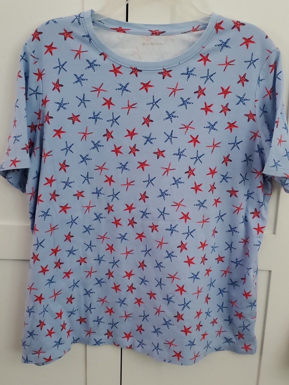 Kim Rogers Light Blue Starfish Print Tee with Red & Navy Accents